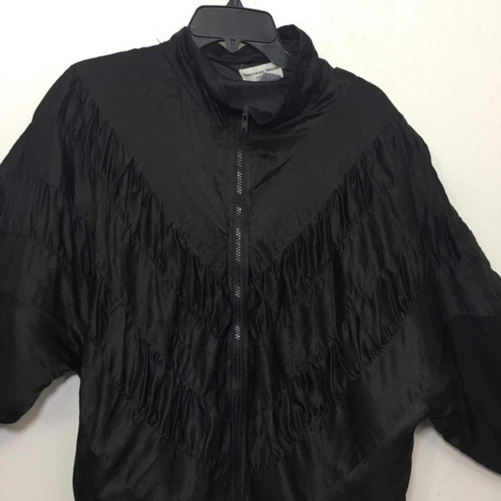 Vtg 80s Black Gathered Silk Windbreaker Jacket 1X - Picture 3 of 7